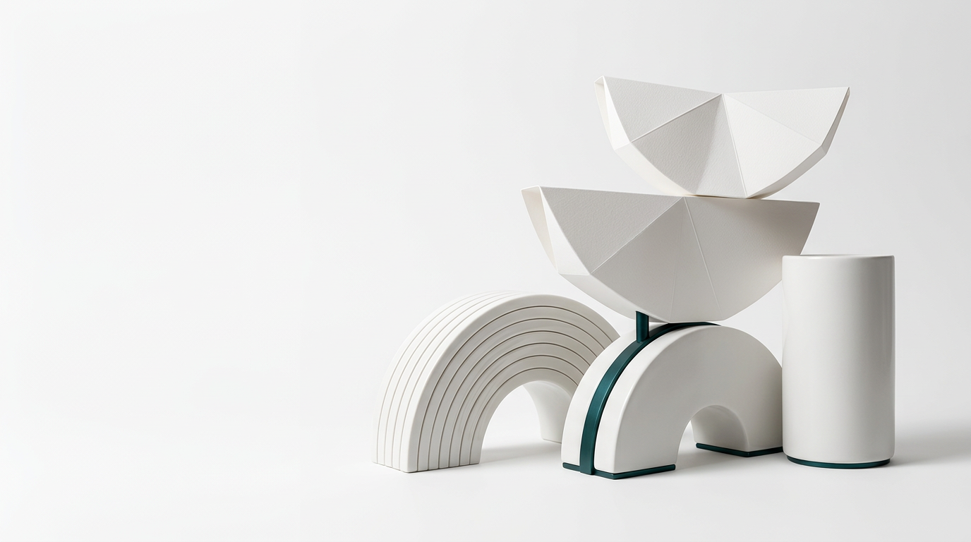 White sculptural forms with precision folds and a teal accent